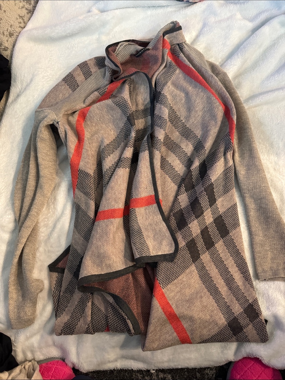 Womens's Taupe Plaid Open Front Sweater with Red Accent